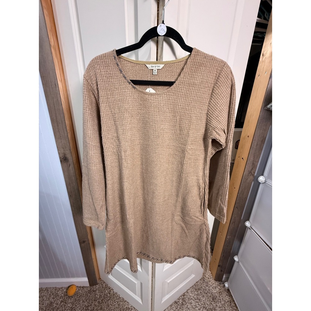 Yak & Yeti Tan Waffle Knit Dress/Tunic Long Sleeve Whipstitch Detail Nepal Med